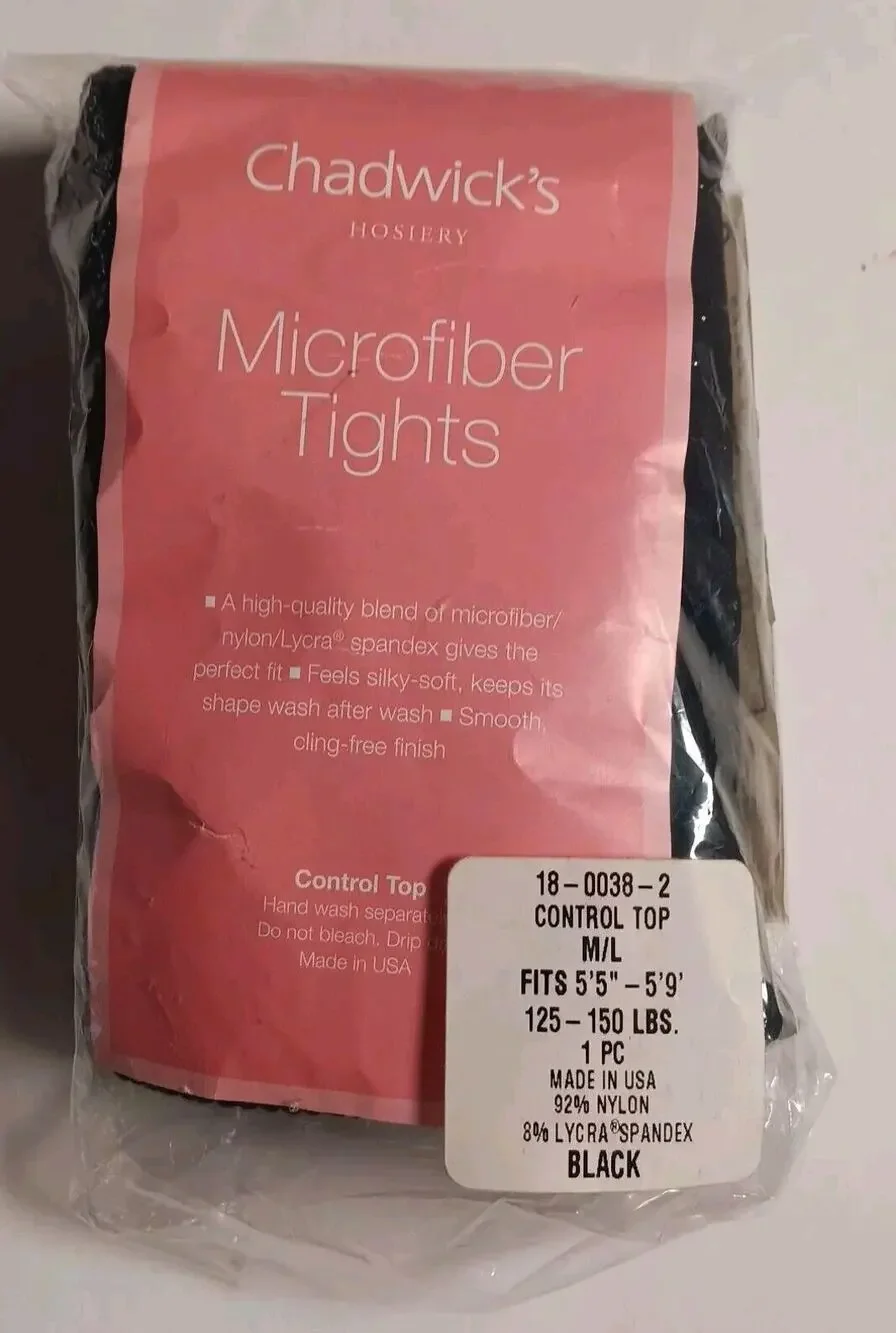 Chadwick's Black Ribbed Control Top Tights Microfiber Pantyhose M/L